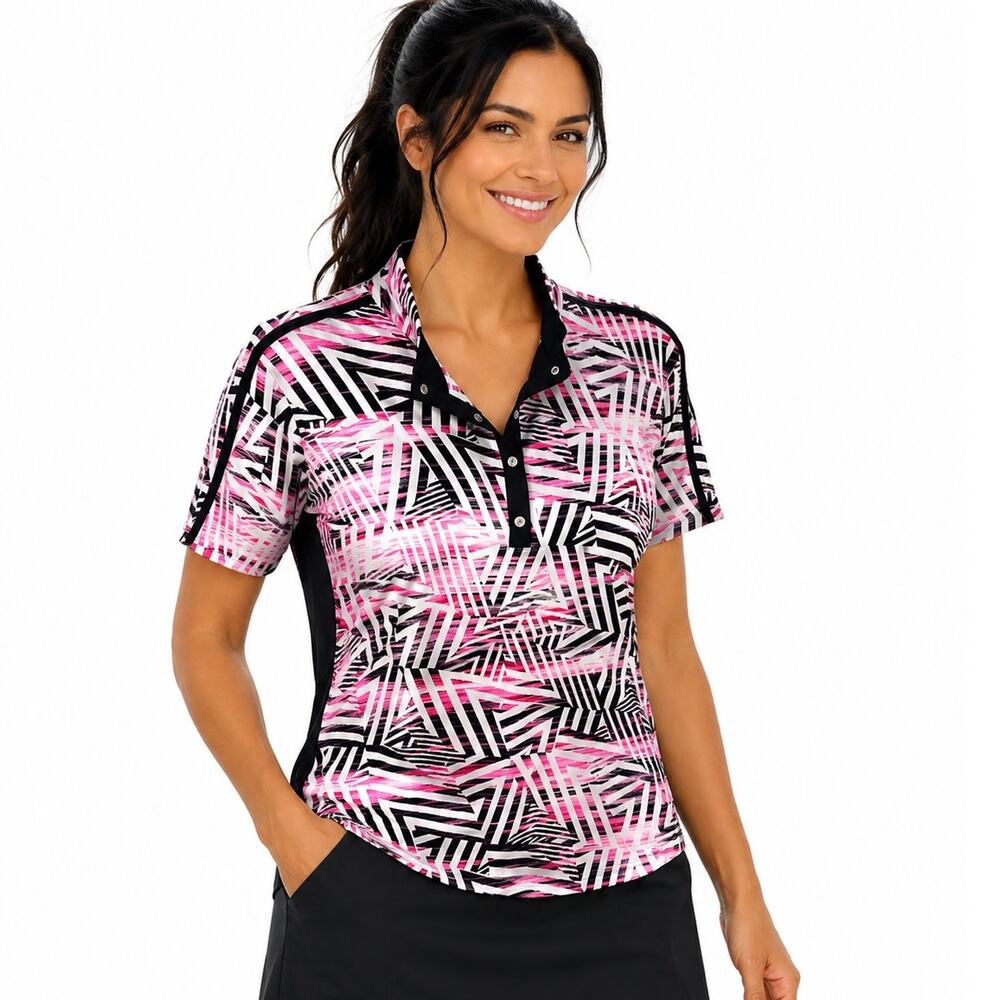 TAIL Tropical Snap Polo Shirt Womens XL Pink Black White Performance UPF 50+